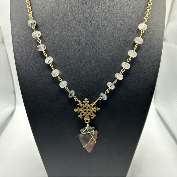 Gypset Honey Gold Tone Chain Necklace Genuine Quartz Arrowhead Pendant 33" - Picture 2 of 12